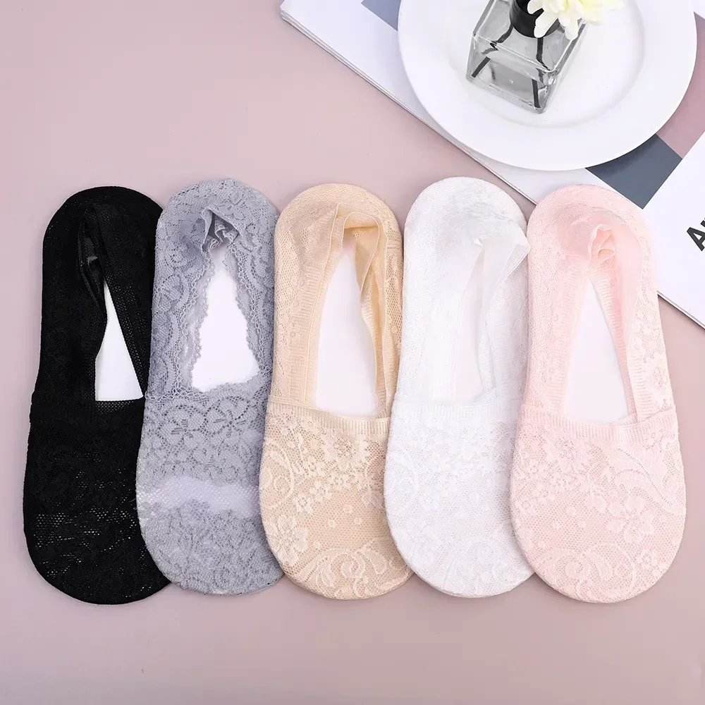 Cut Flower Sox Boat Female Sexy Ice Ankle Lace Summer Sock Invisible Women Low Socks 5pairs Silk Breathable Anti-slip