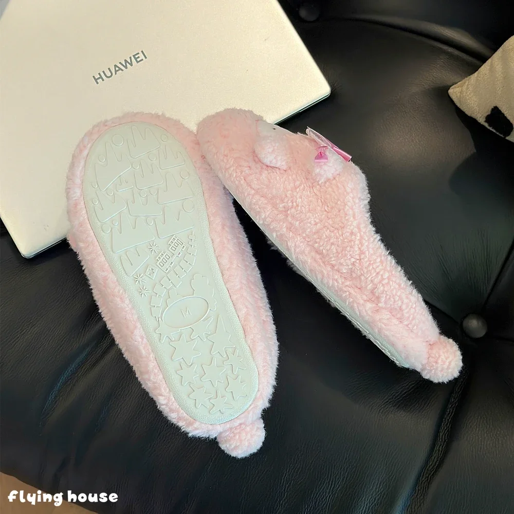 Kawaii My Sweet Piano 플러시 슬리퍼 여성용 부드러운 푹신한 실내 홈 신발 핑크 리본 장식 따뜻한 슬리퍼 미끄럼 방지 슬리퍼