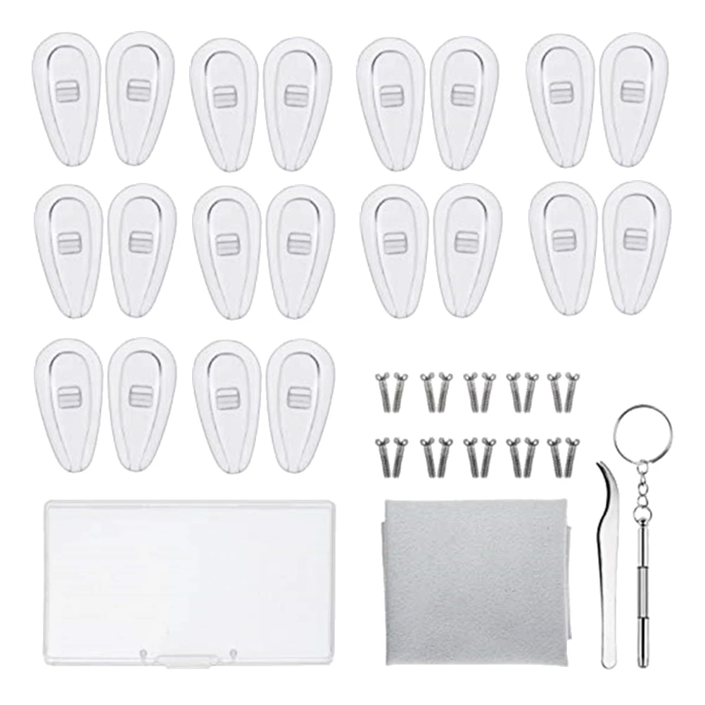 

Glasses Repair Tool Set 10 Pairs Silicone Nose Pads 10 Pairs Stainless Steel Screws Metal Tweezers Lens Cloth Storage Box