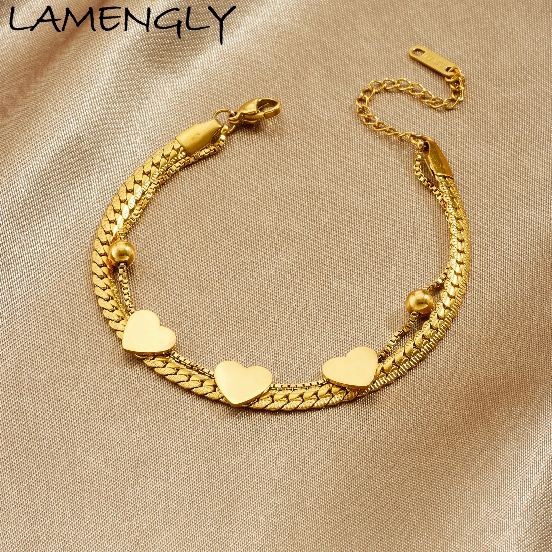 LAMENGLY 316L Stainless Steel Exquisite Multi Layer Bracelet Beads Heart Accessories Women Advanced Texture Jewelry Party Gift