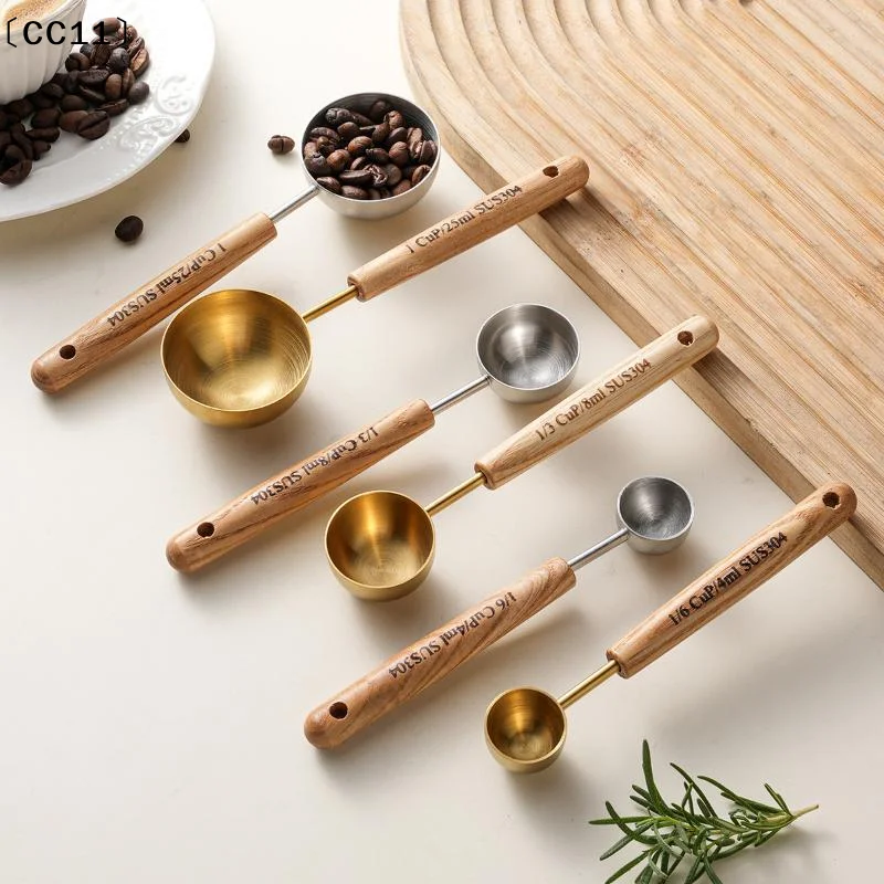 Wooden Handle Stainless Steel Measuring Cups Spoons Baking Tools Coffee Measuring Spoon Set Bartending Scale Accessories〔CC11〕