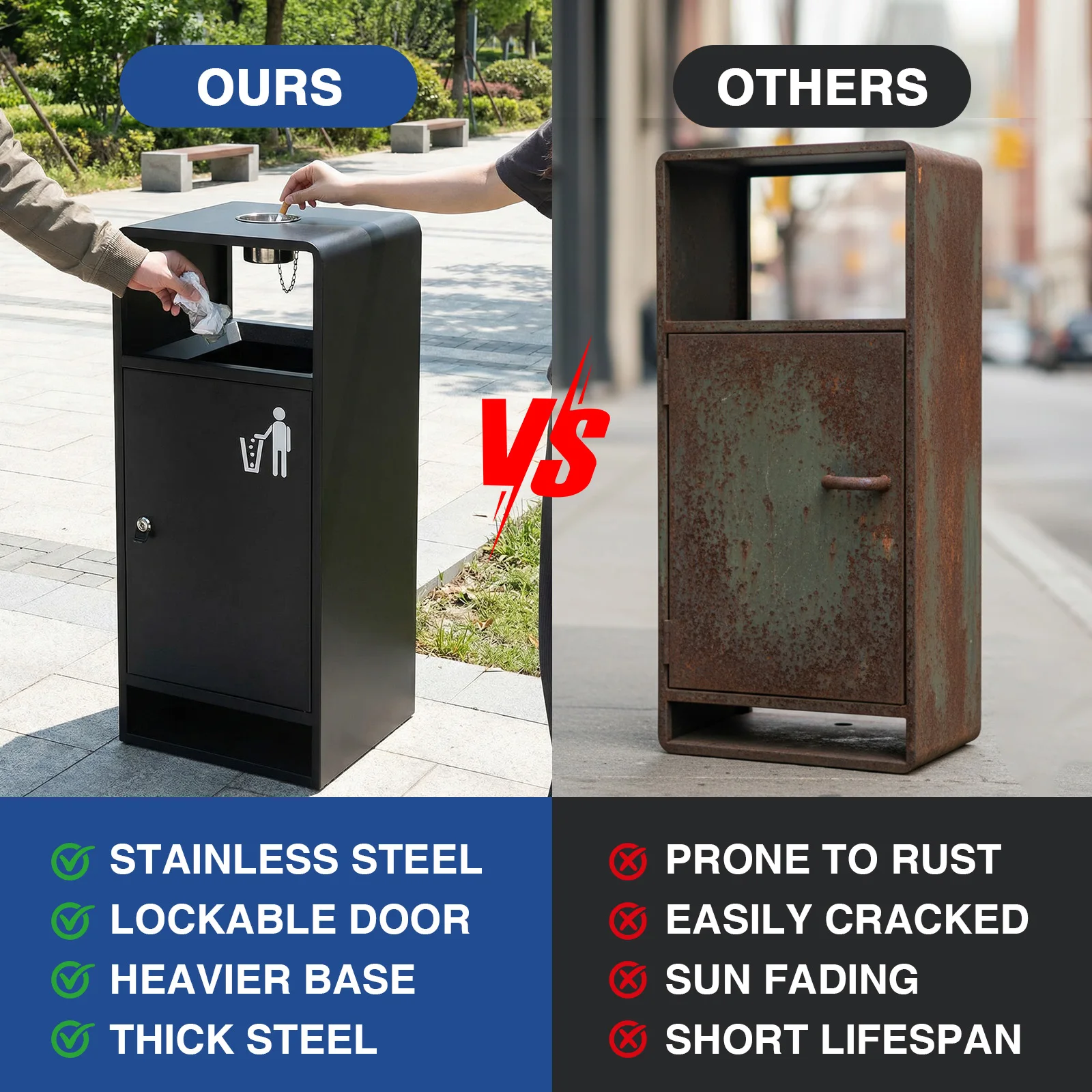 

40L/10 Gallon Stainless Steel Commercial Trash Bin Four-Side Openings Outdoor Waste Container for Restaurant Hotel Shopping Mall