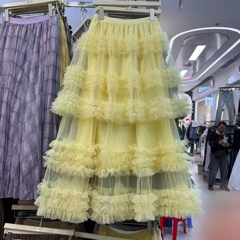 Mesh Skirts For Women Ruffles Solid Spring Summer Vacation Style Elegant Long Skirt Korean Fashion Vintage A-line Faldas Mujer