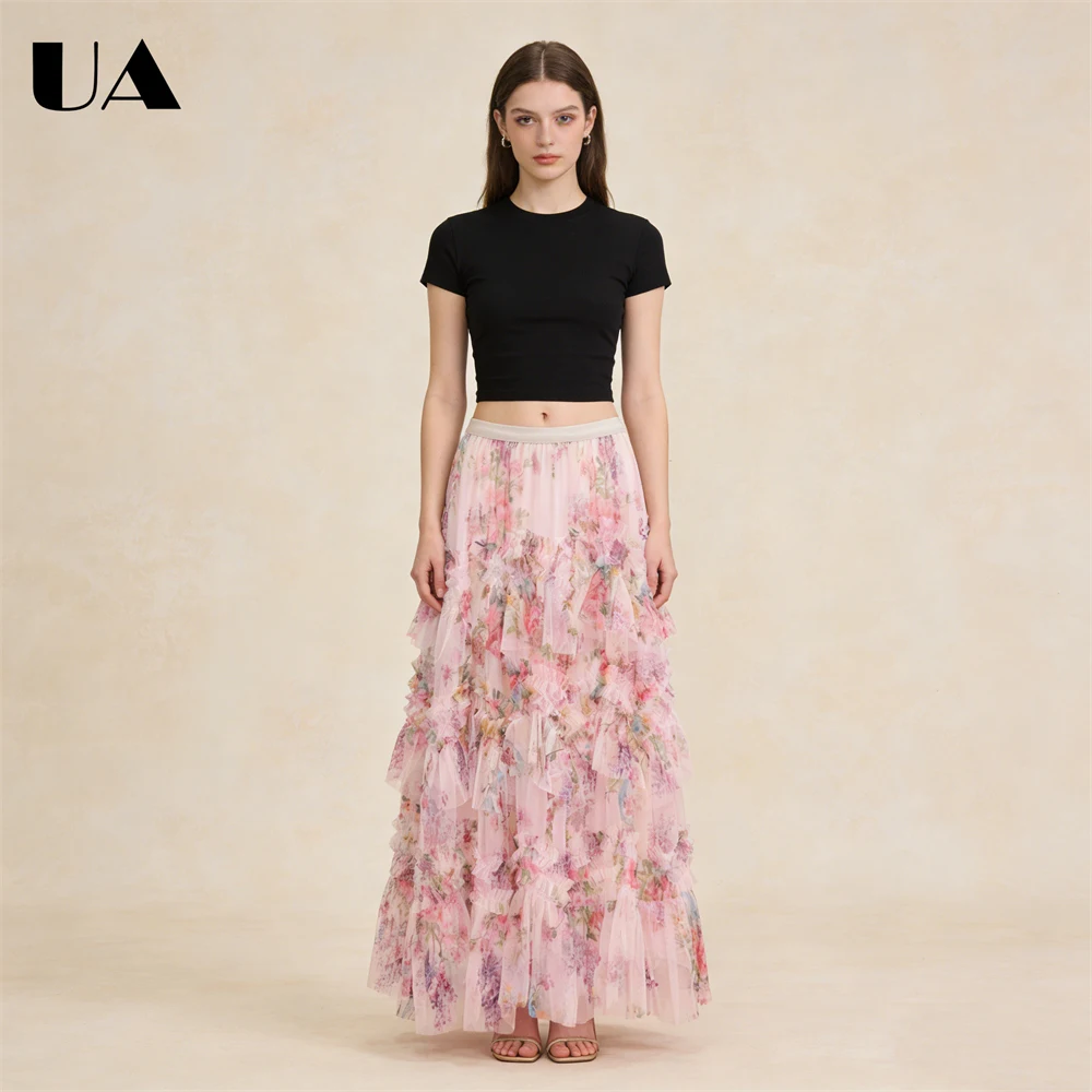 Gonna a rete stampata con giunture Gonne a sbuffo alla moda da donna, gonna floreale alla moda lunga a linea libera per un abbigliamento quotidiano casual