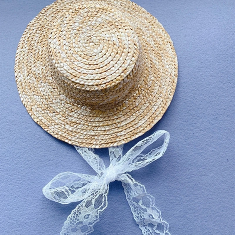 Baby Straw Hat for Girl Sun Protective Flat Top Hat with Lace Strap Breathable Wide Brim Sun Toddler Girl Panama Hat