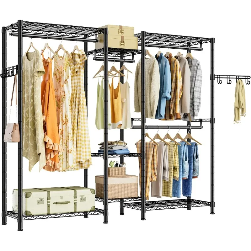 Heavy Duty Closet Garment Rack 7 Tiers Adjustable Metal Freestanding Clothing Storage Closet with 4 Hanger Rods and 2 side hooks