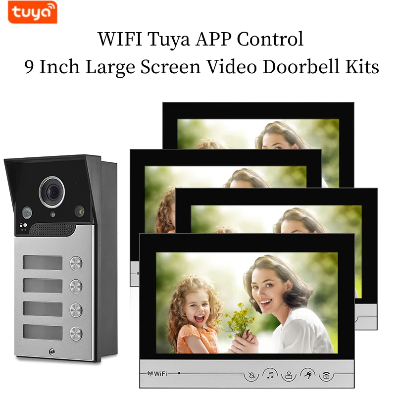 

2/3/4 Family Multi Units Apartment Video Door Phone With 9" Big Screen Snapshot Record Tuya WIFI Building Intercom Doorbell Kits