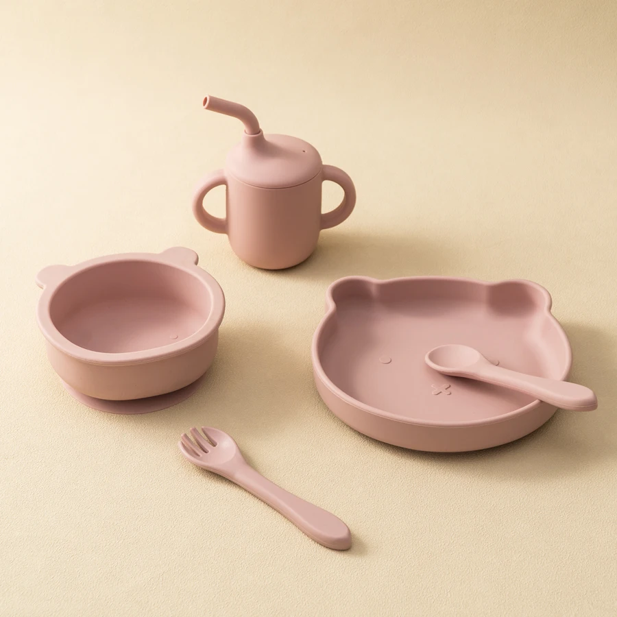 Color Kids Baby Silicone Waterproof Feeding Dishes Plate Suction Bowl Sippy Cup Feeding Training Spoon Fork Dishes Tableware