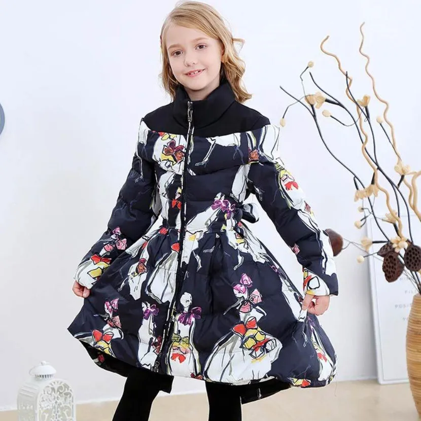 Children\'s Winter Coat New Fashion Down Jacket For Girl Print Design Warm Outerwear Kids Long Jacket A2041