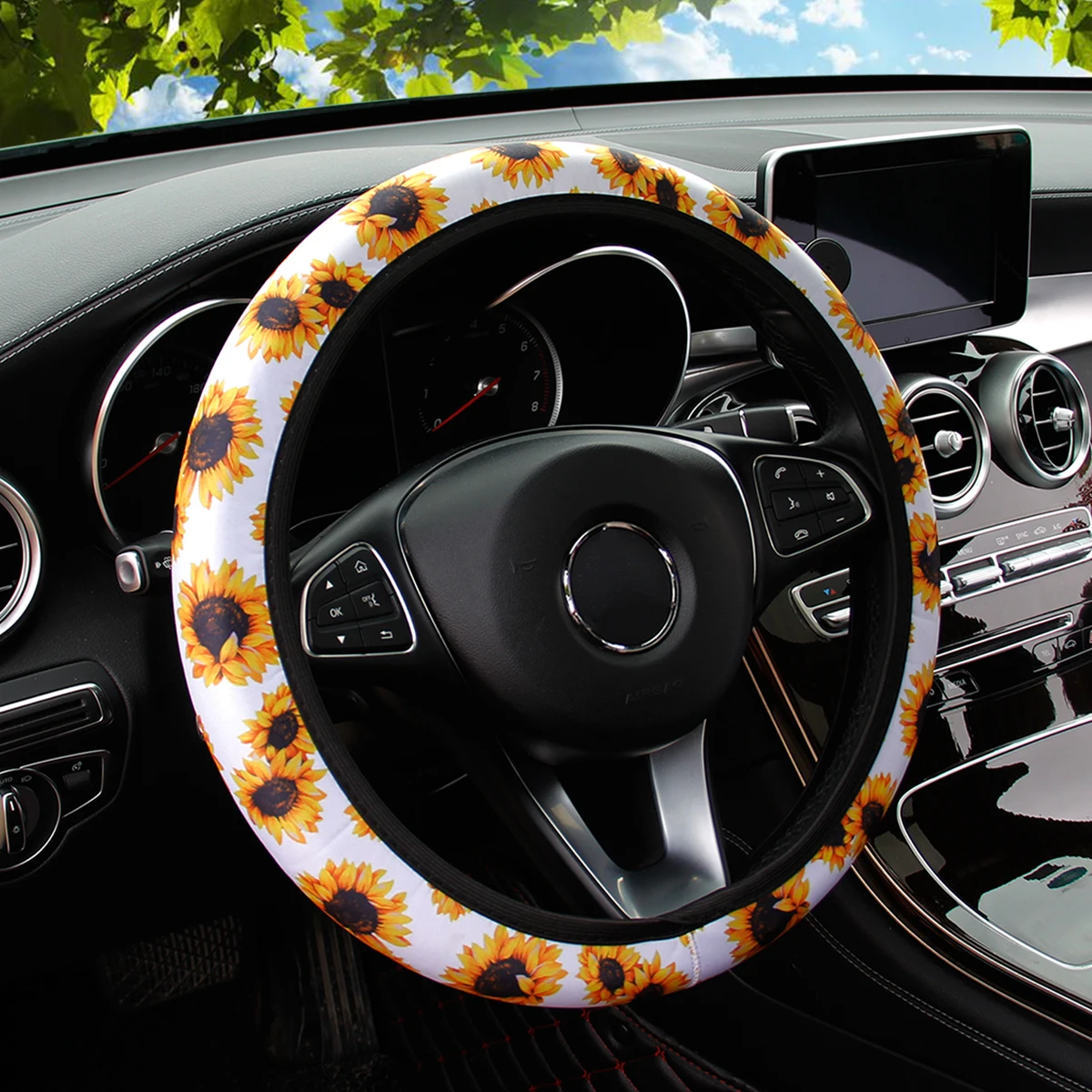 غطاء عجلة قيادة السيارة بدون إطار من القماش المطبوع من مواد الغوص مع أنماط زهر الكرز وعباد الشمس، وتزيين سيارة الأشباح