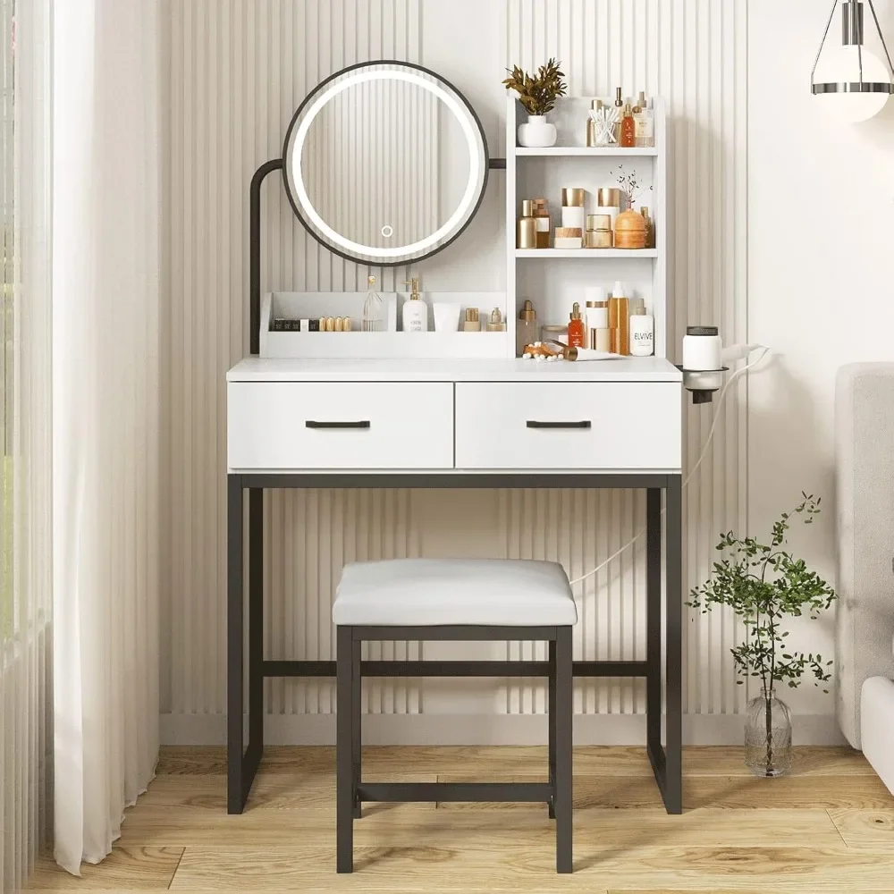 

Vanity Desk with Mirror and Lights, Cute Table, Small Vanity Table for Bedroom with Lots Storage 3 Lighting Modes