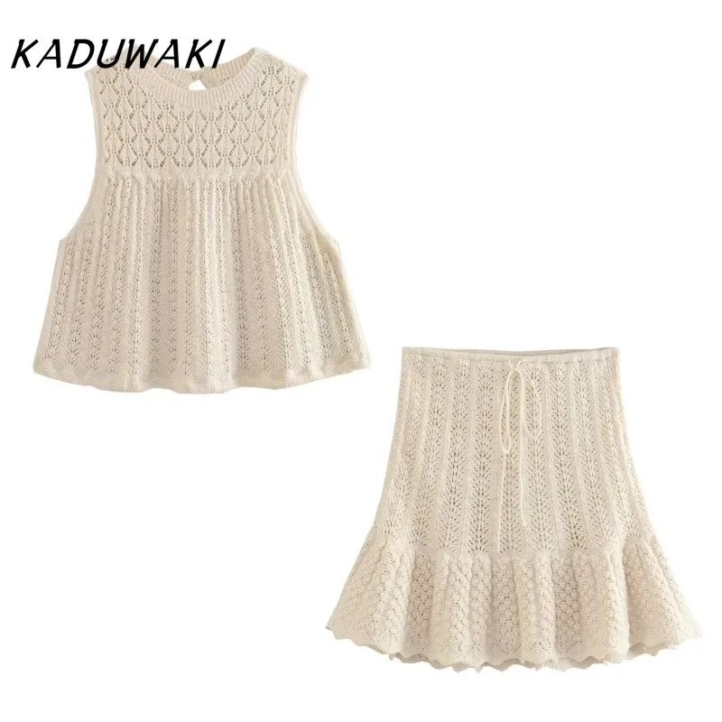 

KADUWAKI Knit Jacquard Mesh Women Skirts Sets Elegant Hollow Out O Neck Sleeveless Vest Casual Drawstring A-Line Mini Skirt 2pcs