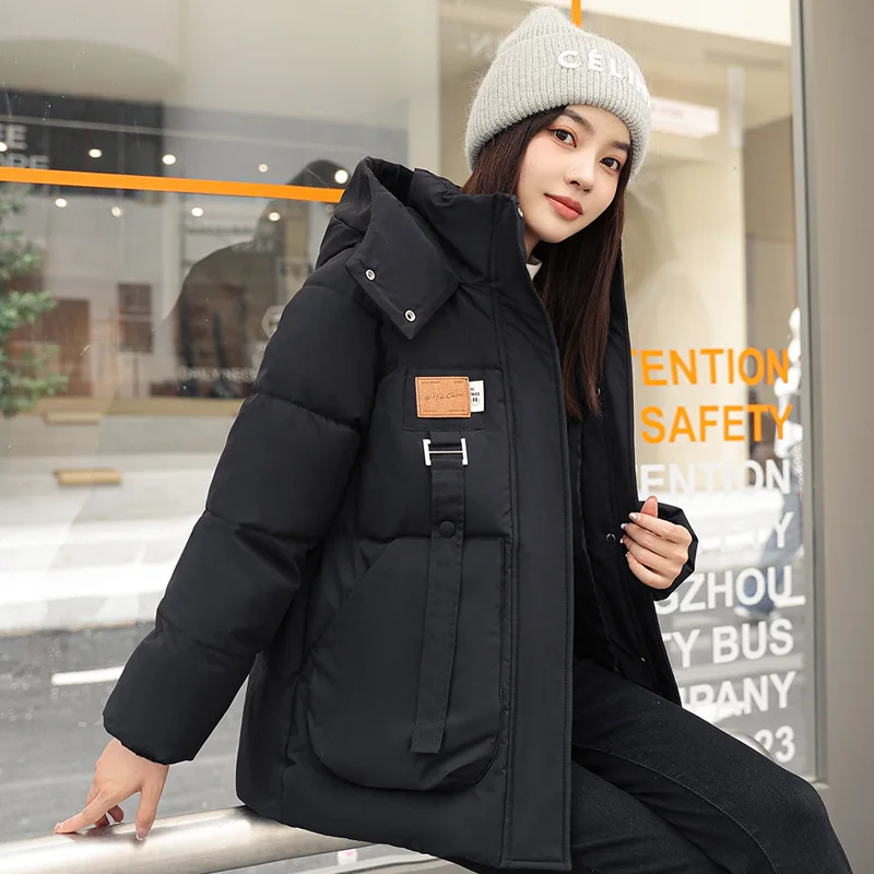 Women's Loose Down Cotton Coat Hooded Jacket Fabric Three-Dimensional Pocket Winter Warmth Parkas