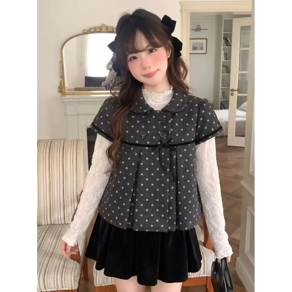 Retro Polka Dot Lace Trim Woolen Women's Vest Chic Sweet Earlet Two-Piece Set Base Shirt Original Design Single Button Closure