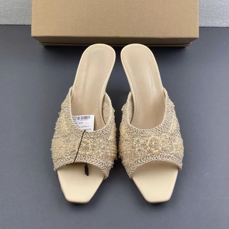 

Women Beaded Lace Mule Heels Peep Toe Pearl Crochet Slip-On Sandals 2026 Nude High Heel Mules Wedding Party Backless Dress Shoes