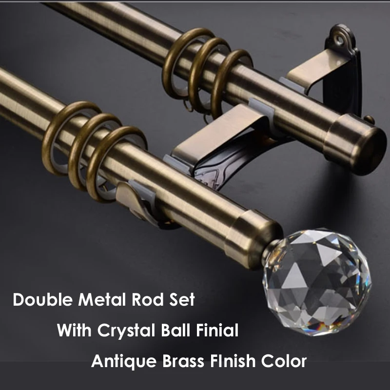 Sungshida Quality Brass 28+28mm/ 9/8+9/8IN Big Diameter Double Curtain Pole Drapery Rod Set Crystal Ball Metal Finial& Brackets