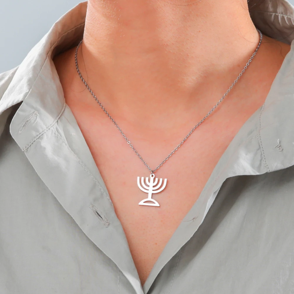 Lucktune Judaism Menorah Pendant Necklace Stainless Steel Lampstand Sacred Amulet Chain Necklace for Women Men Vintage Jewelry