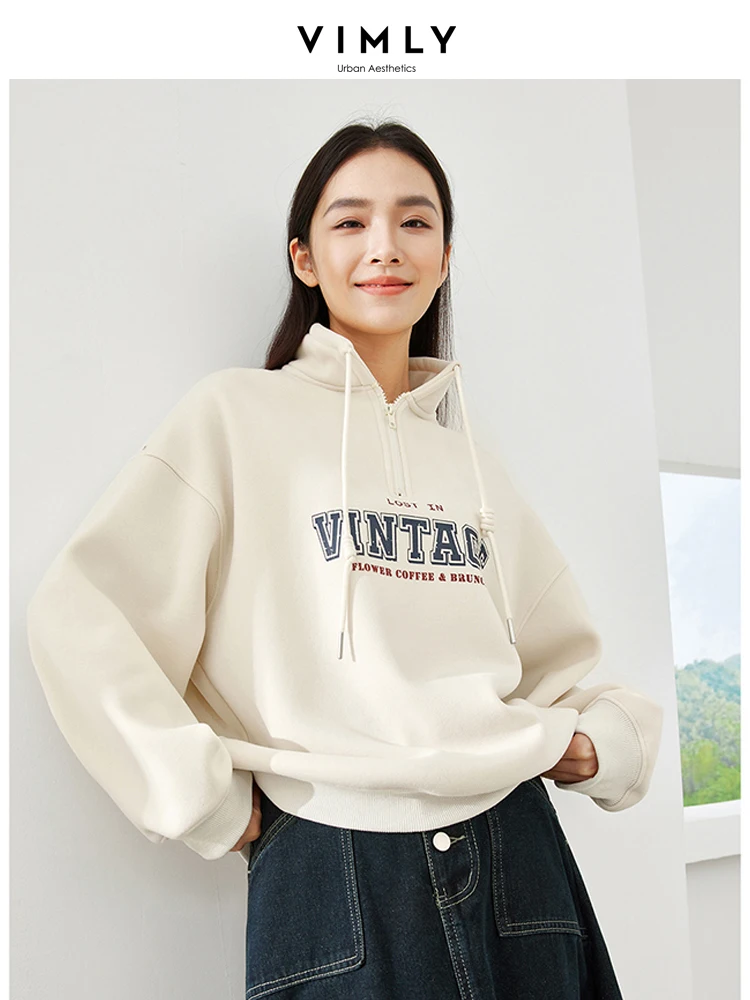 Vimly Oversize Fleece Sweatshirt Women 2023 Winter Stand Collar Half Zipper Casual Letter Printed Pullover Long Sleeve Top M5751