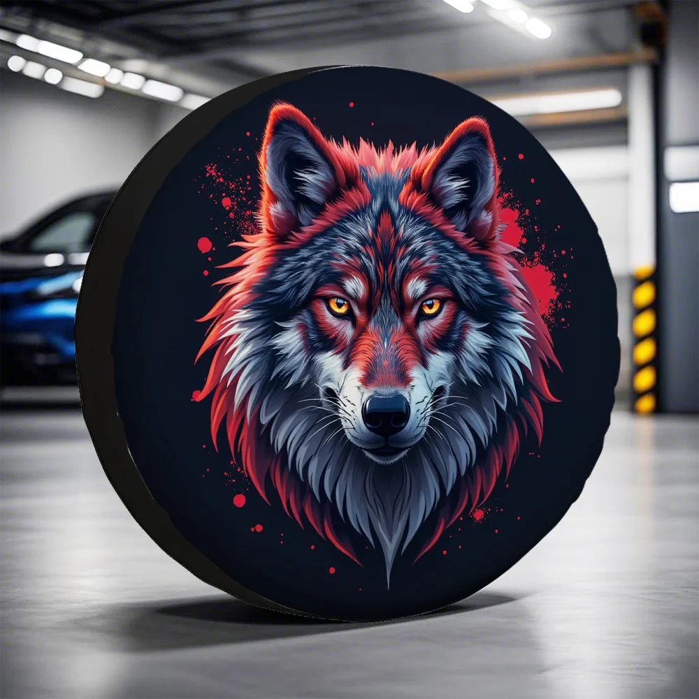 One Piece Of 2D Flat-Printed Car Tire Cover Featuring A Majestic Wolf Portrait With A Fiery Spirit, Made Of Polyester, Suitable