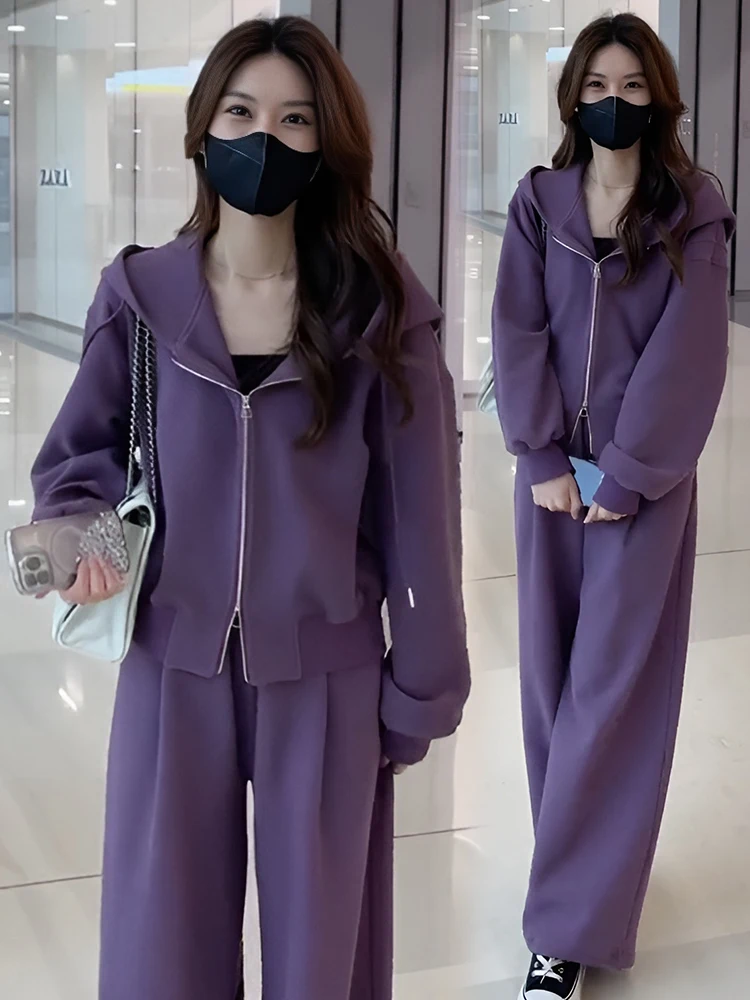 

Casual Sportswear Set Women's High Waist Wide Leg Pants Hoodie Cardigan Two-Piece Spring Autumn Fashion Loose Fit Ensemble