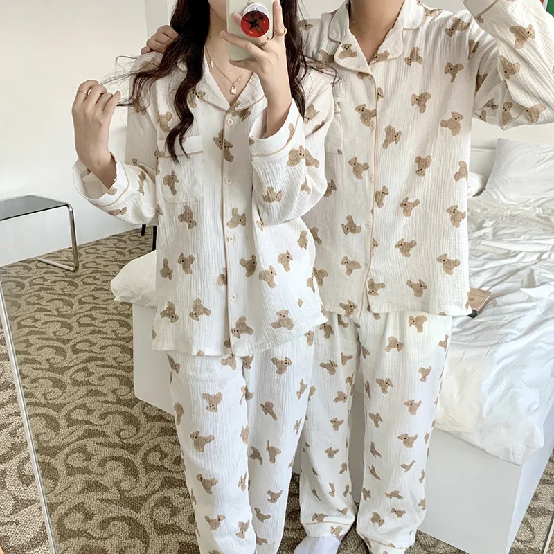 

Spring autumn new sleepwear suit Y953 100% cotton kawaii funny bear cartoon homewear women men couple pajama set long sleeve