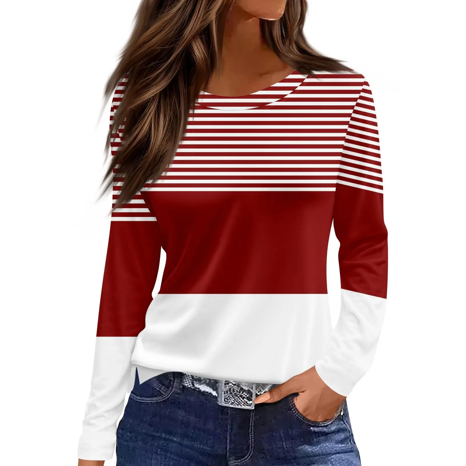 Camiseta holgada informal con estampado de rayas degradadas en 3D para mujer, Top de fin de semana de vacaciones Regular con cuello redondo y manga larga a la moda