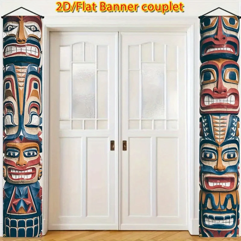 2D Flat Hawaiian Totem Couplet Banners, Extra Large Tropical Tiki Party Decor, Double-Sided Door Hanger for Luau Parties