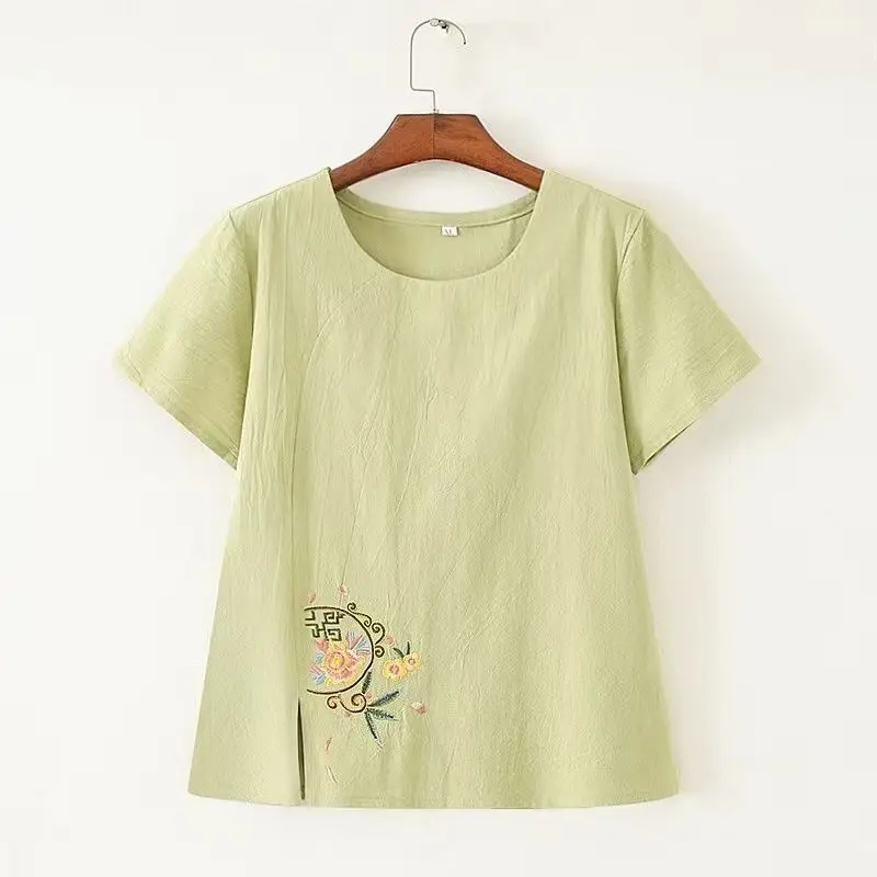 Women Chinese Style Vintage Fashion Embroidery Cotton Linen T-shirt 2024 Summer Female Solid O Neck Short Sleeve Slit Loose Tops