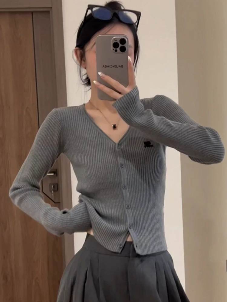 Gray Shoulder V-neck Long sleeve Knit Women clothes Autumn and Winter 2024 New Fashion Slim fit Bottoming Shirt Chic Top