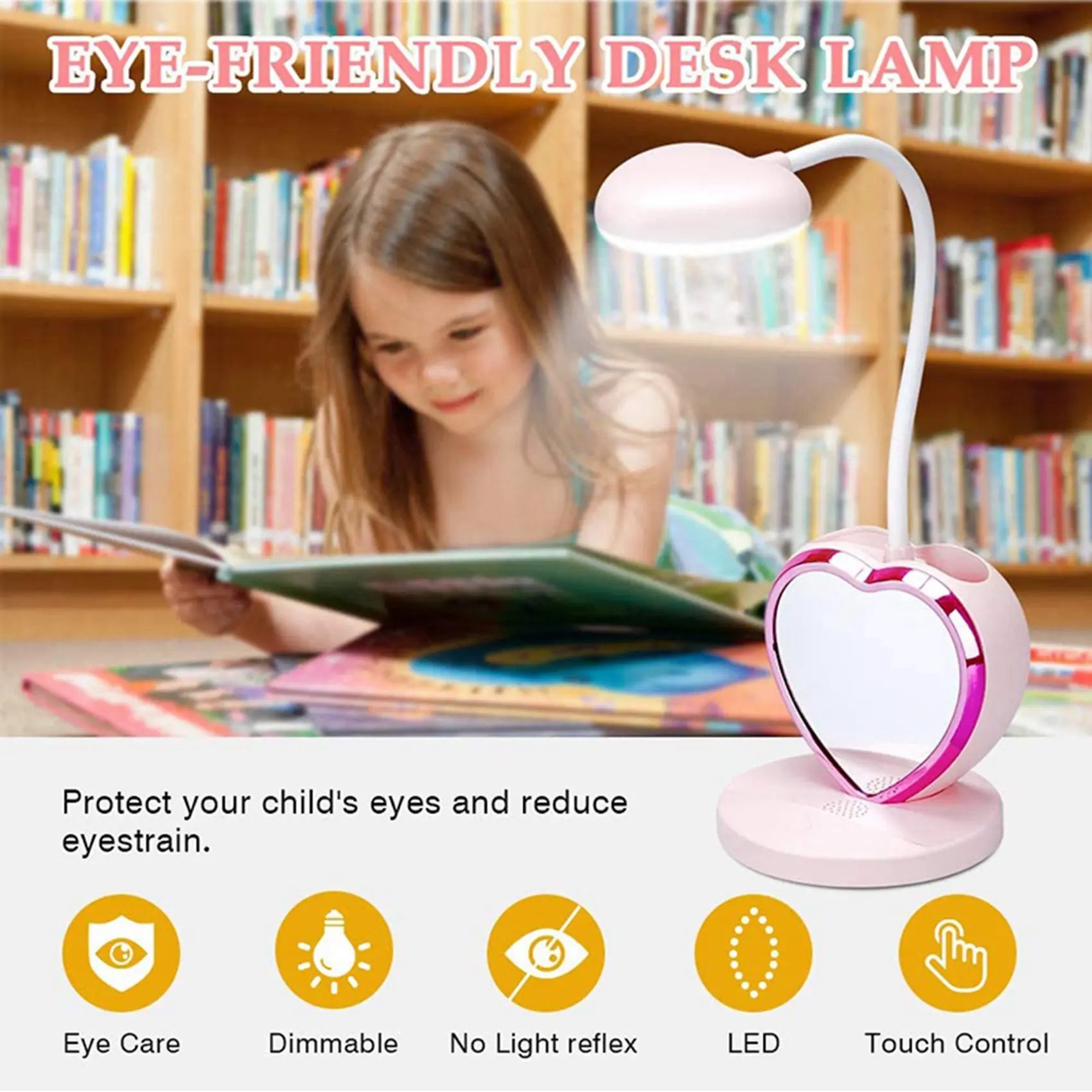 2X LED Desk Lamp For Girls, Rechargeable LED Desk Lamp With USB Charging Port & Pen Holder, Eye-Caring Dimmable Pink-AT36