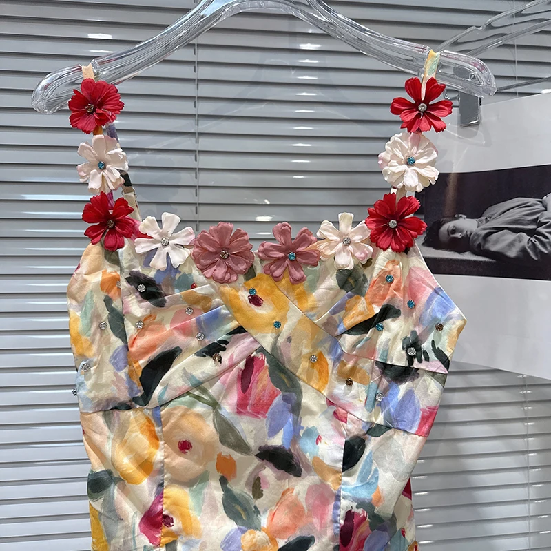 Women Outwear Backless Tank Tops 2025 Summer New Vacation Style 3D Flower Painting Floral Pattern Fashion Camisole