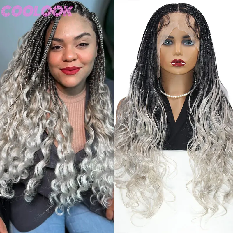 

Ombre Grey Cornrow Braided Wigs Synthetic French Curls Full Lace Front Wig Box Braids Wig Jumbo Braided Lace Front Wigs Wavy End