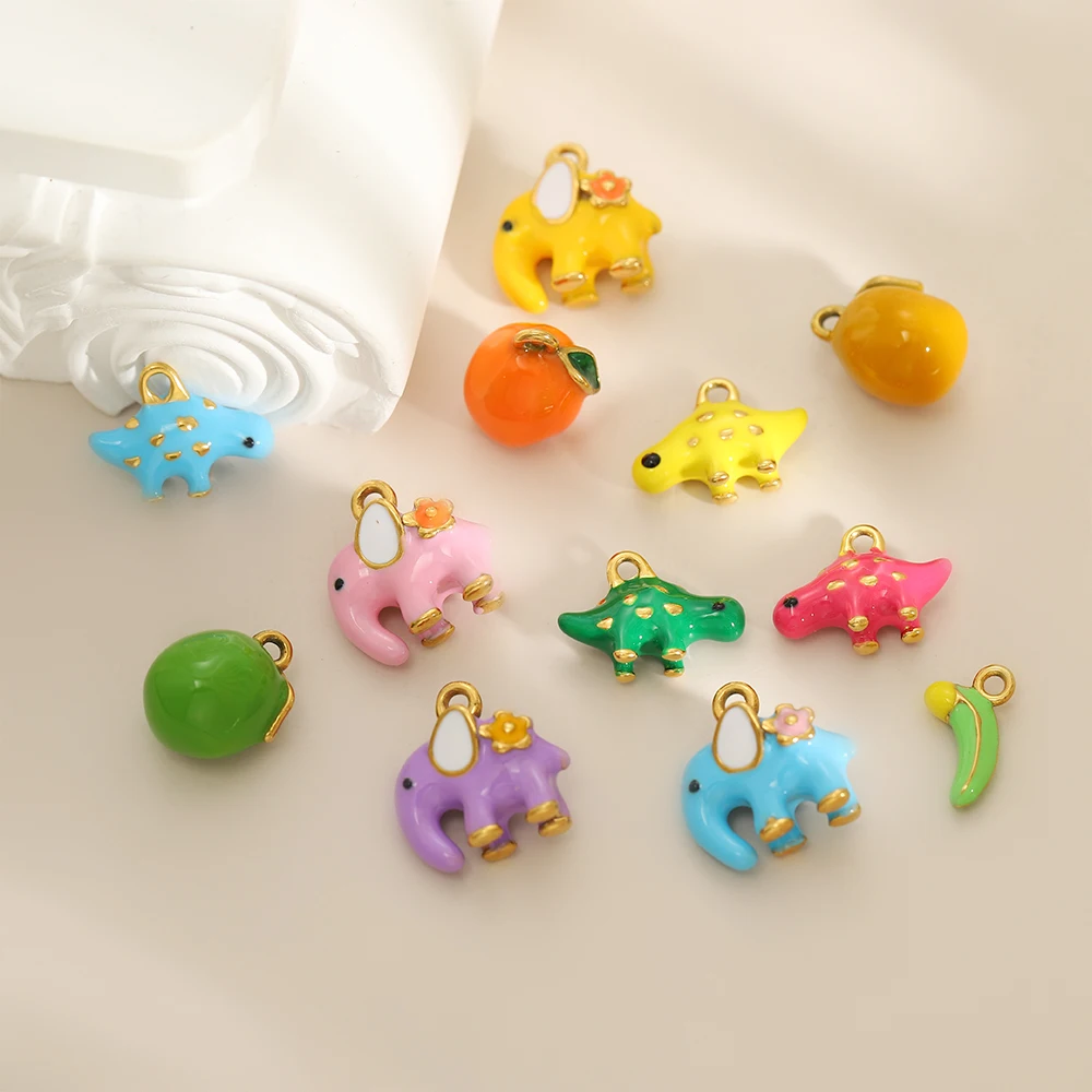 

CARLIDANA Cartoon Pendant Stainless Steel Elephant Fruit Enamel Dinosaur Gold Plated Orange Charms for Women Jewelry Gift