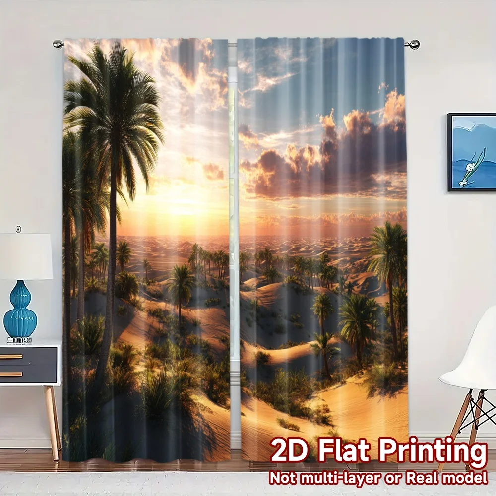 2pcs, 2D FLAT PRINTING Curtains (Without Rod) Desert Oasis Sunrise Popular Curtains Semi-Sheer Curtains Home Decor Suitable for