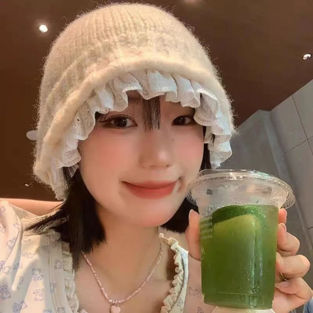 

Lace Trim Knitted Fisherman Hat Solid Color Yarn Women Bucket Hat Large Head Circumference Korean Style Beanie Hat Autumn Winter