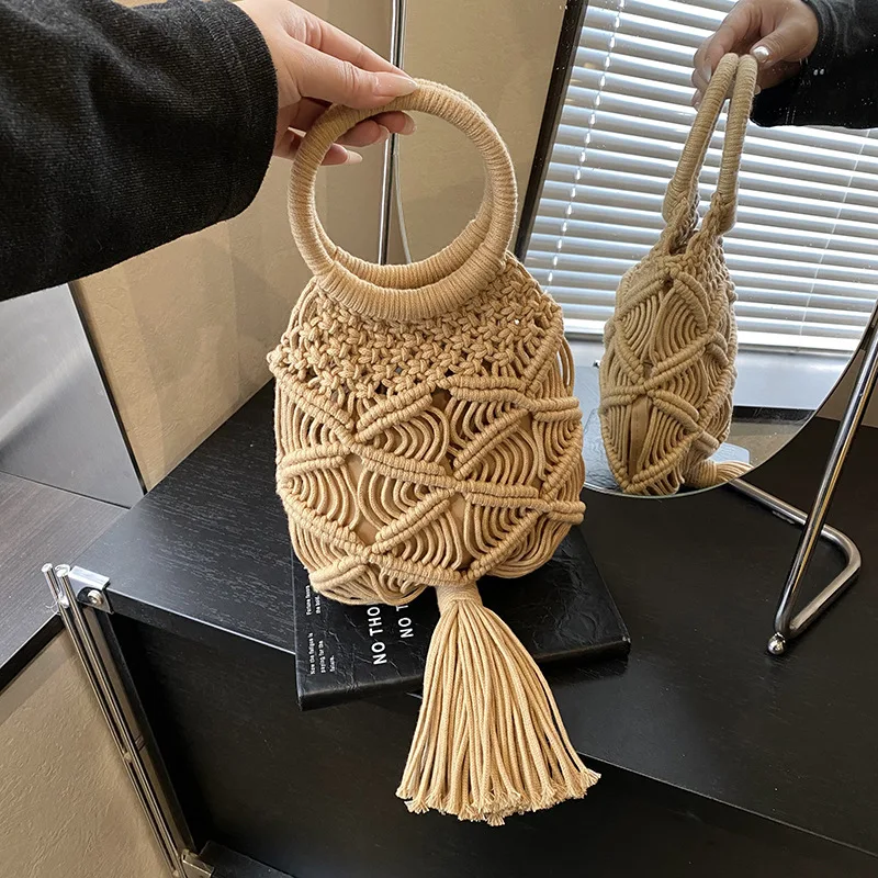 

2026 New Casual Boho Handmade Macrame Bucket Bag for Women Woven Tassel Top Handle Bag Summer Beach Vacation Hollow Out Handbag