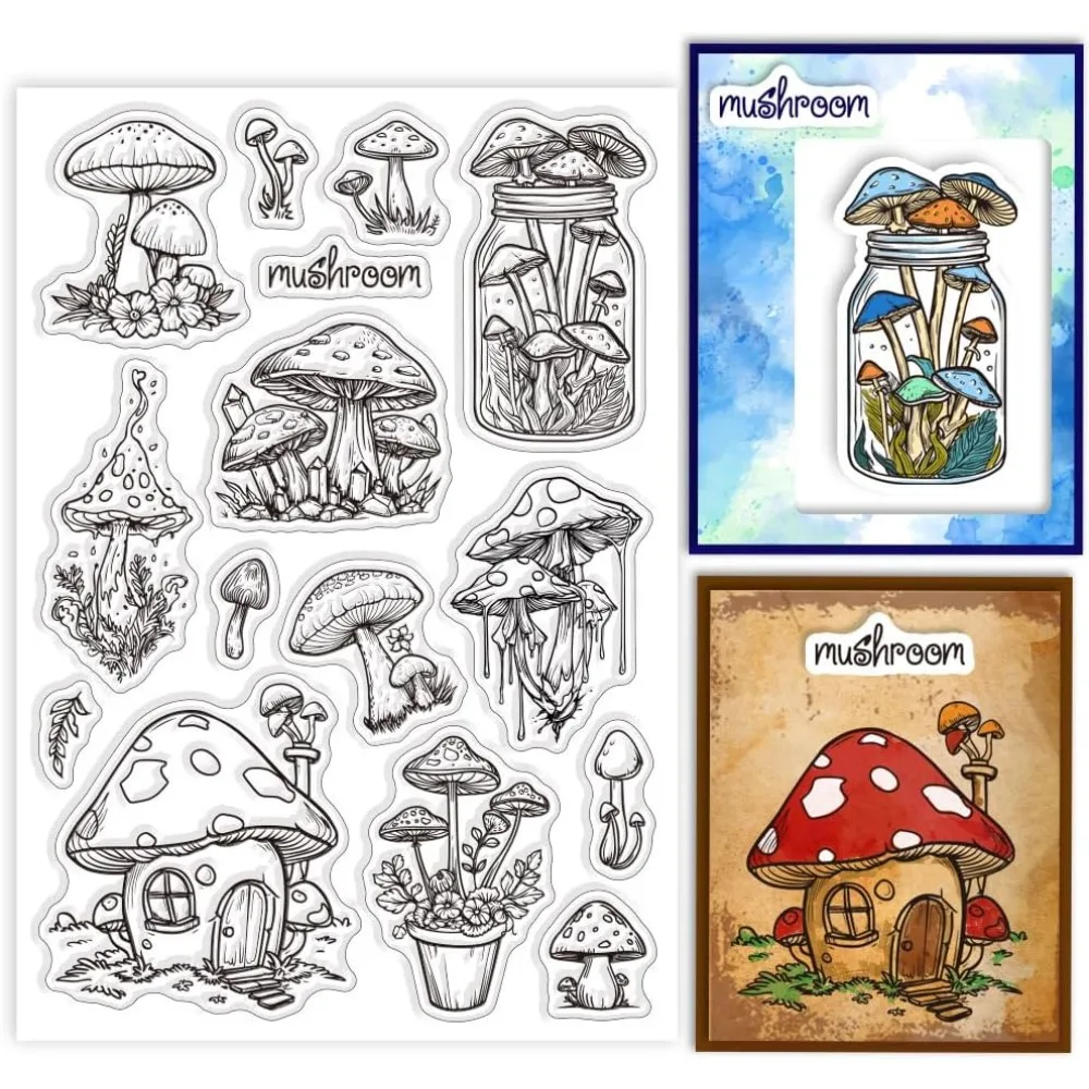 

1Sheet Mushroom Clear Stamp for Card Making Mushroom House Silicone Clear Stamp Crystal Bottle Mushrooms Transparent Seal Stamp