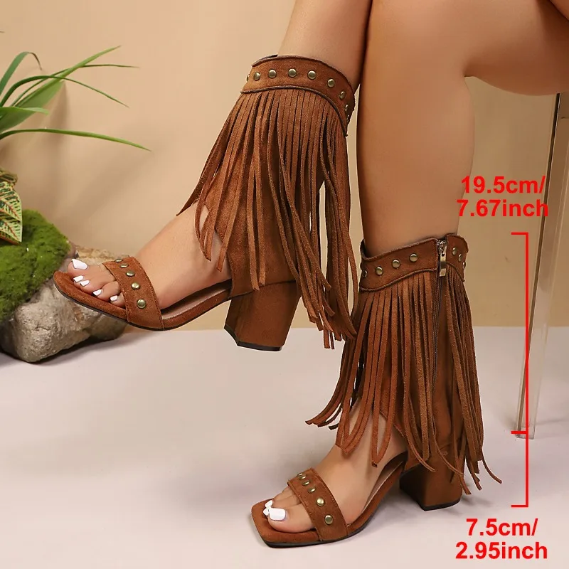 

Women Cool Boots Fashion Fringed Designer High-heeled Cool Boots Retro Rivets Roman Sandals Summer Open-toe Mid-calf Cool Boots