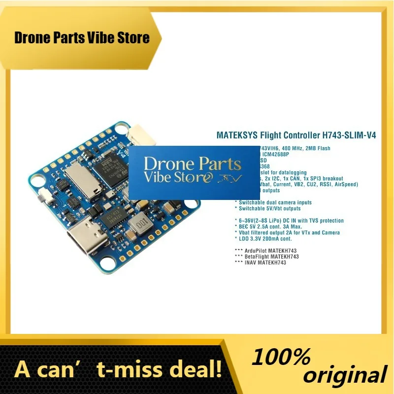 

CarrySimpleMATEK FLIGHT CONTROLLER H743-SLIM-V4 / Dual ICM42688P DPS368/OSD/7x UARTs/2x I2C/1xCAN/13x PWM Outputs/BEC5V,