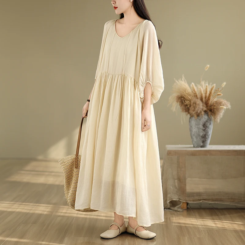 Primavera verão novo estilo chinês solto emaecimento aodão linho vestido f casual estilo preguiçoso cintura alta s...