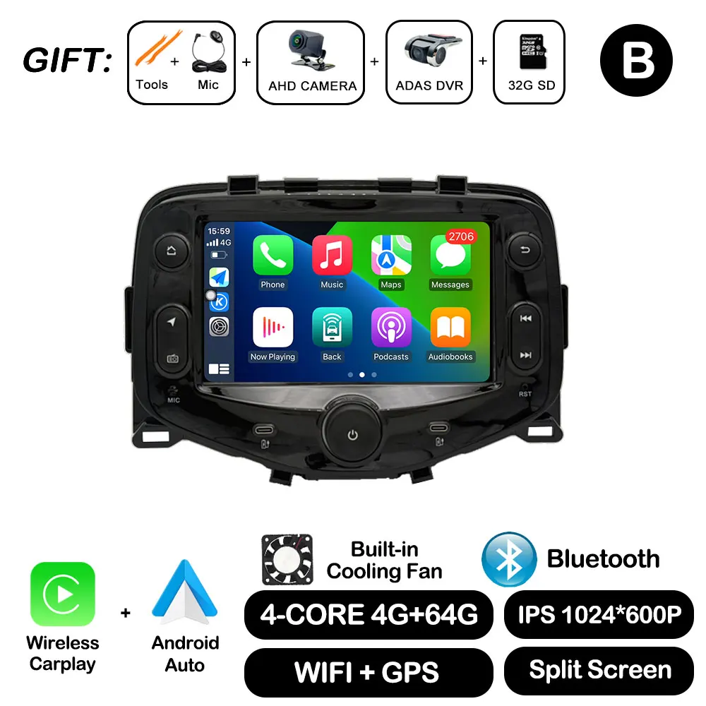 Android Auto for Toyota Aygo Peugeot 108 Citroen C1 2014 - 2021 Autoradio Car Radio Multimedia Player Carplay GPS Navi DSP