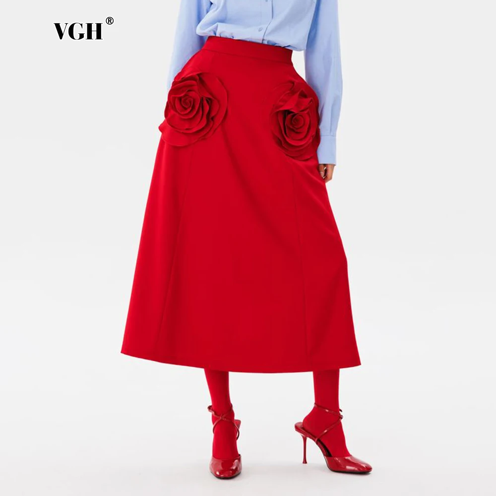 

VGH Solid Patchwork Appliques Midi Skirt for Women High Waist Spliced Folds Temperament Loose A Line Skirts Female Fashion New
