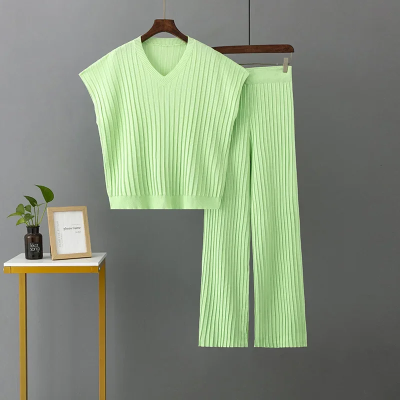 Summer Knitted Slim Pullover V-neck Solid Color Tops with Casual Wide-leg Pants Fashion Pleated Knit Two-piece Suit Women Sets