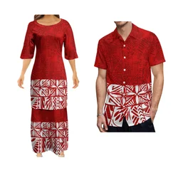 Custom High Quality Breathable Casual Dress Polynesian Puletasi Tribe Women'S Dress Men'S Shirt Hibiscus Flower Couple Set