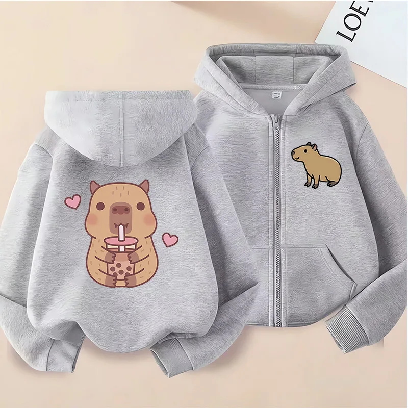Lustiger Kinder-Capybara-Kapuzenpullover mit Reißverschluss, Kinder-Kapibara-Sweatshirt, Manga-Kleidung, Kinder-Oberteil für Mädchen und Jungen – Detail 3