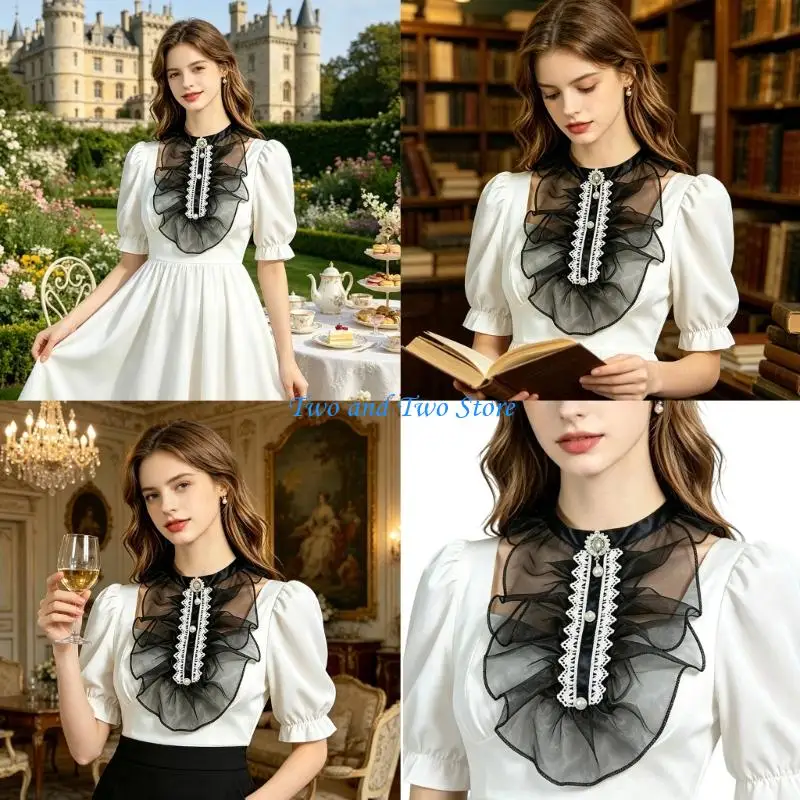 HX6F Romantics Faux Pearls Embroidered See Through Organza Collar Detachable Neckpiece For Blouse And Dress Decoration