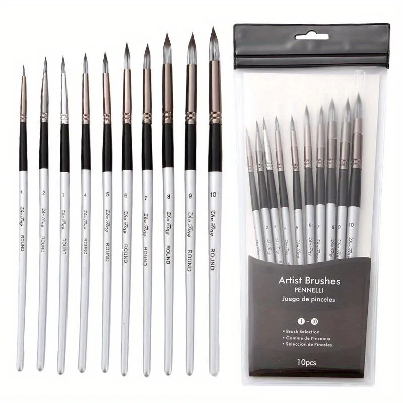 10pcs/set Fine Detail Watercolor Paint Brush Round Pointed Nylon Bristles for Acrylic Gouache Ink Oil Tempera with Size Markers