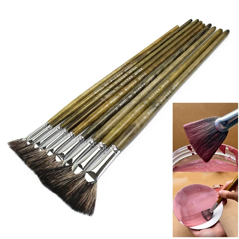 10Pcs Pottery Glaze Brushes Set Soft Fan-shaped Brushes with Long Wooden Handle for Ceramic Painting Coloring & Hydration