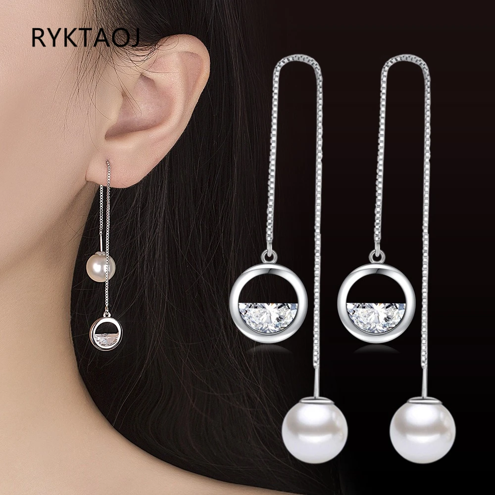 925 Sterling Silver Long Threader Earrings for Women, Round CZ Imitation Pearl Pull Through Ear Line Elegant Fine Jewelry Gift