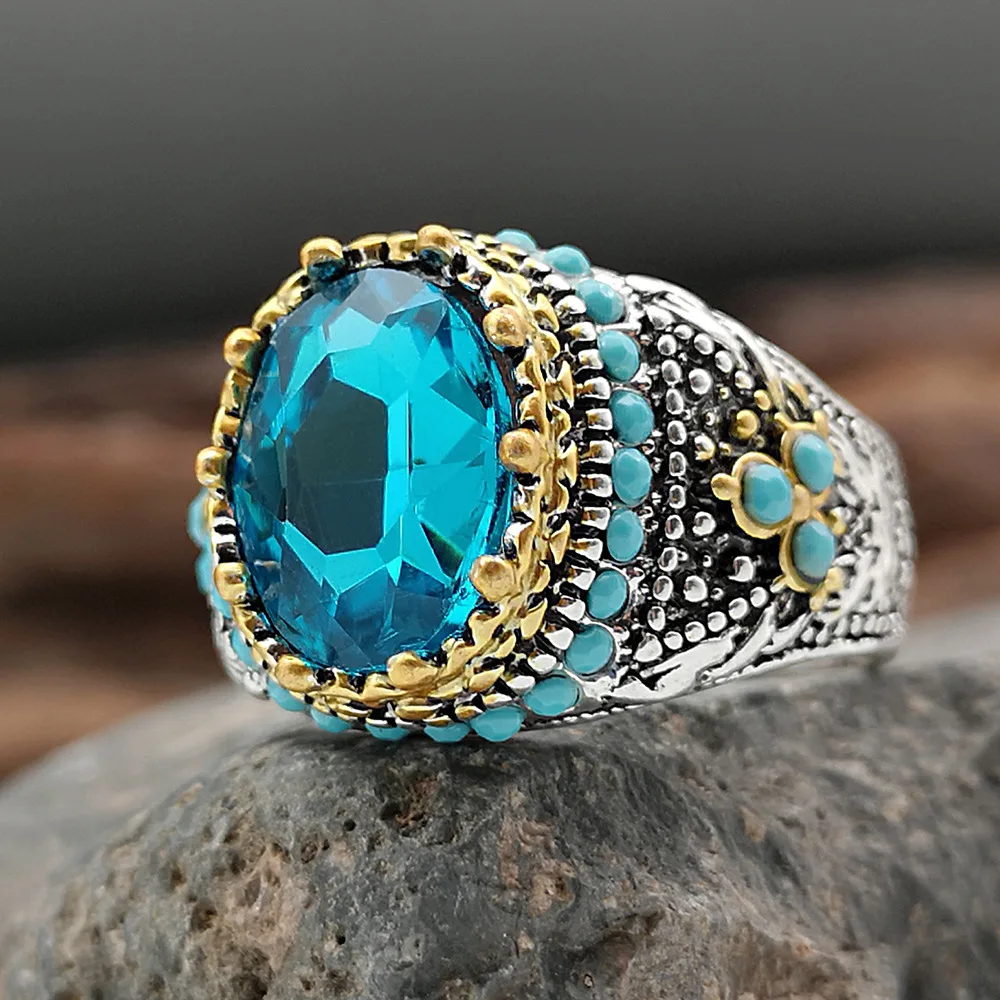 Retro Handmade Turkish Ring for Men Vintage Turquoise Gem Rings Punk 2022 Men's Fashion Jewelry Gifts